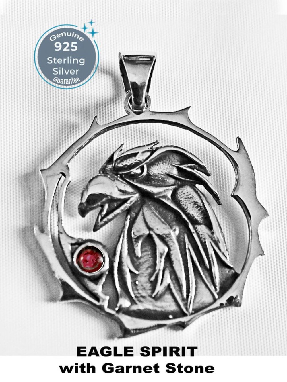 Sterling Silver 925 𝑬𝒂𝒈𝒍𝒆 𝒔𝒑𝒊𝒓𝒊𝒕 & 𝑮𝒂𝒓𝒏𝒆𝒕 stone Amulet Pendant